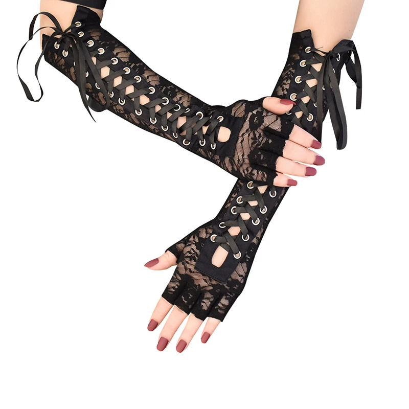 

Женские перчатки, кружевные бандажные перчатки с открытыми пальцами, длинные сетчатые перчатки, рукав для рук, атласная лента, крутые готические женские перчатки