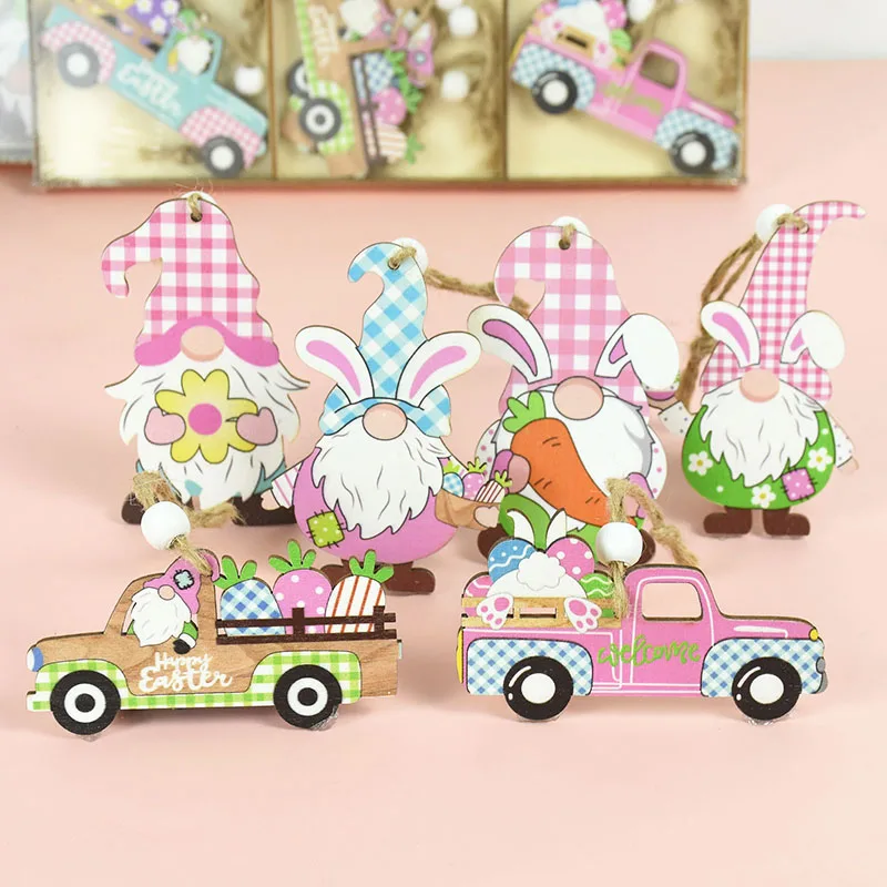 

9pcs/set Easter Faceless Old Man Wooden Hanging Pendants Cartoon Car Ornaments For Home Easter Party Decoration Kids Favor