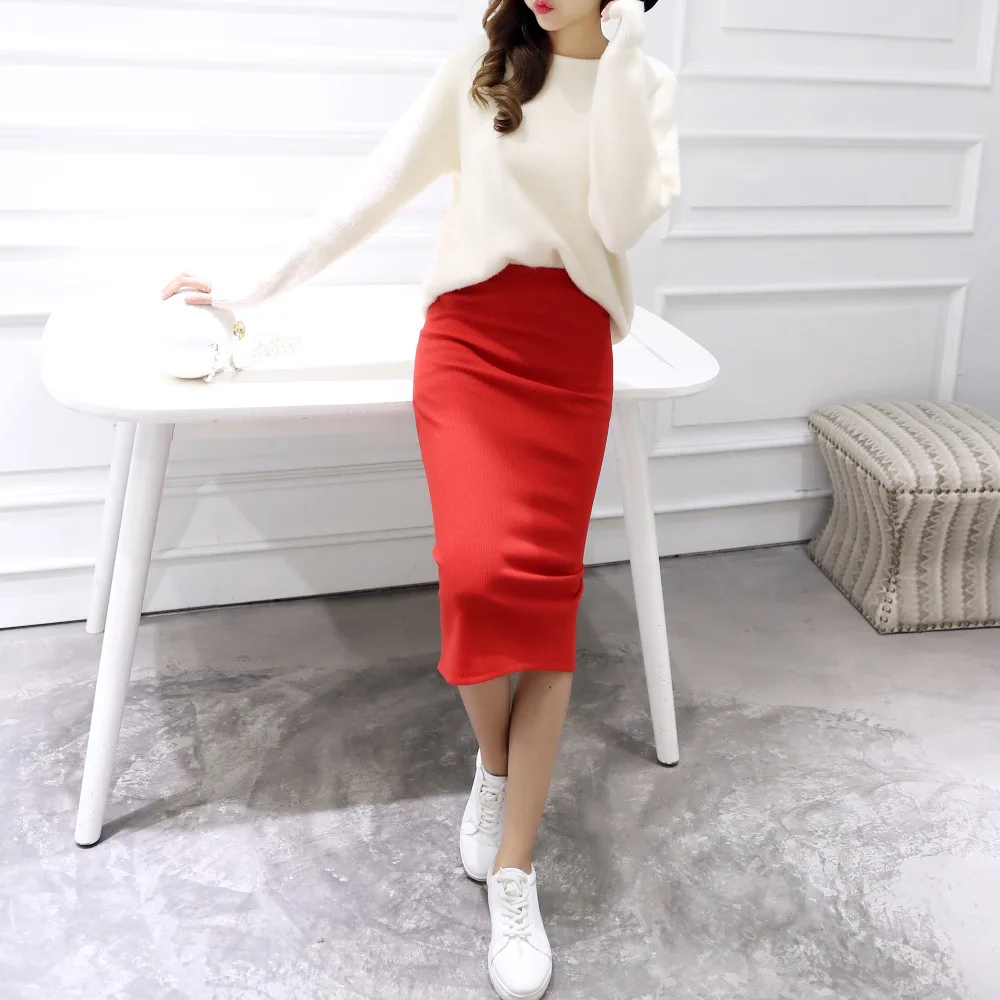 

Split Pencil Skirt Skinny Skirts Midi Length Trend New Autumn New Joker Red OL Lady 6 Solid Colors
