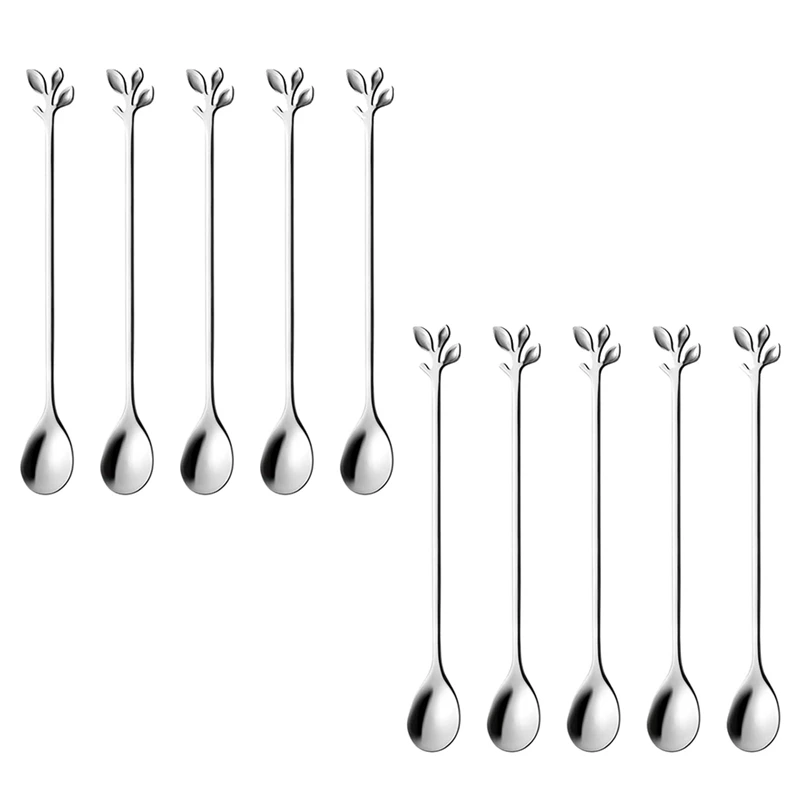 

Искусственная нержавеющая сталь, 10 чайных ложек, десертные ложки с листьями, столовые приборы, десертные ложки