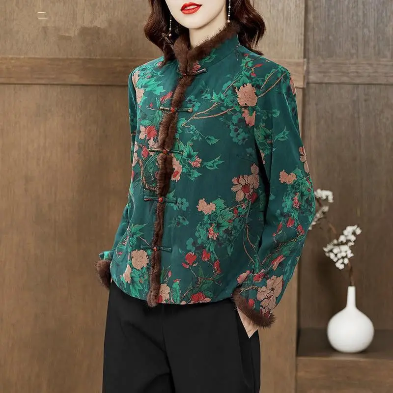 

Women Green Cheongsam Cotton Coat Winter Chinese Style Retro Print Qipao Short Jackets Lady Elegant Vintage Tang Suit Tops Robes