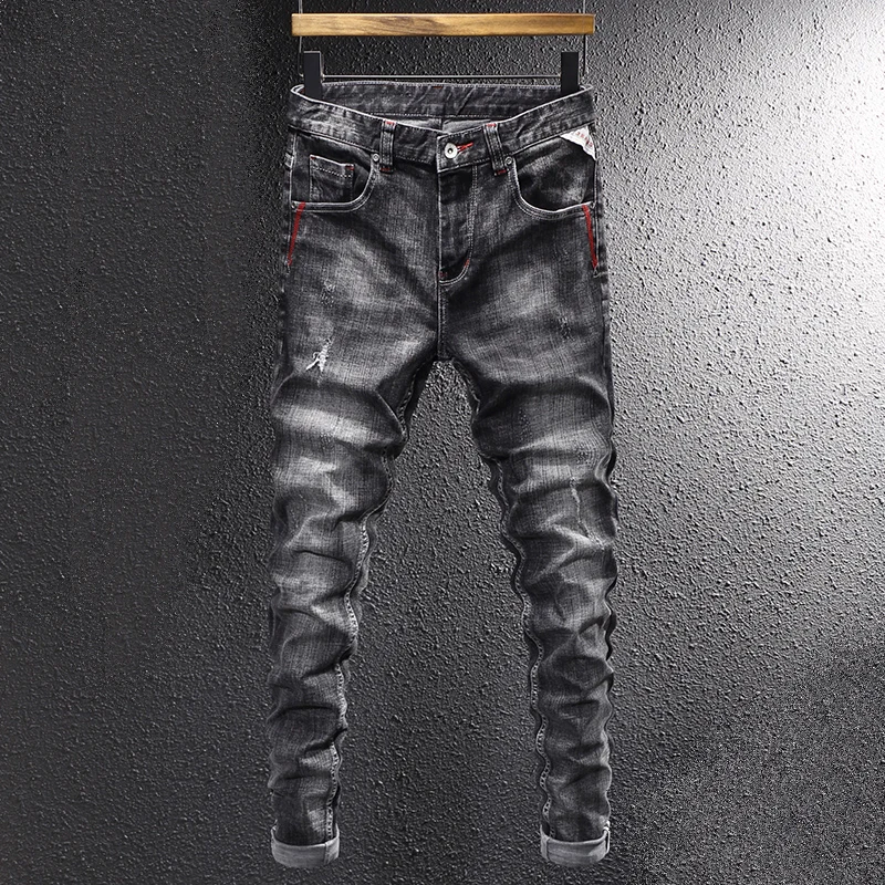 

Fashion Vintage Designer Men Jeans Retro Black Gray Elastic Slim Fit Ripped Jeans Men Destroyed Frayed Hole Casual Denim Pants