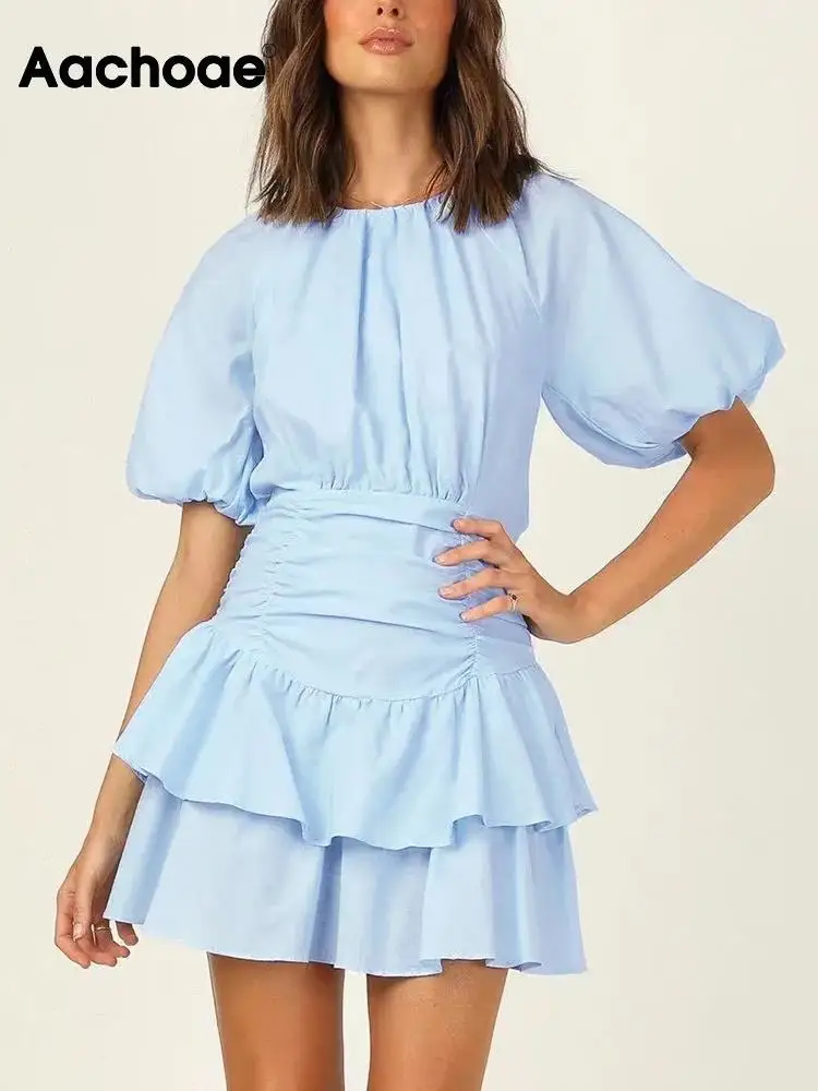 

Платье Aachoae женское ТРАПЕЦИЕВИДНОЕ с круглым вырезом, модное однотонное повседневное с пышными короткими рукавами, с вырезами на спине, с за...