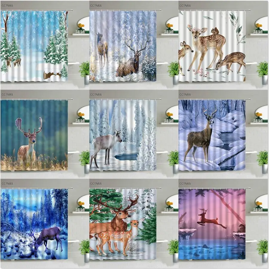 

Elk Deer Shower Curtain Forest Lake Snow Mountain Natural Landscape Wild Animal Theme Fabric Kids Bathroom Decor Sets with Hooks