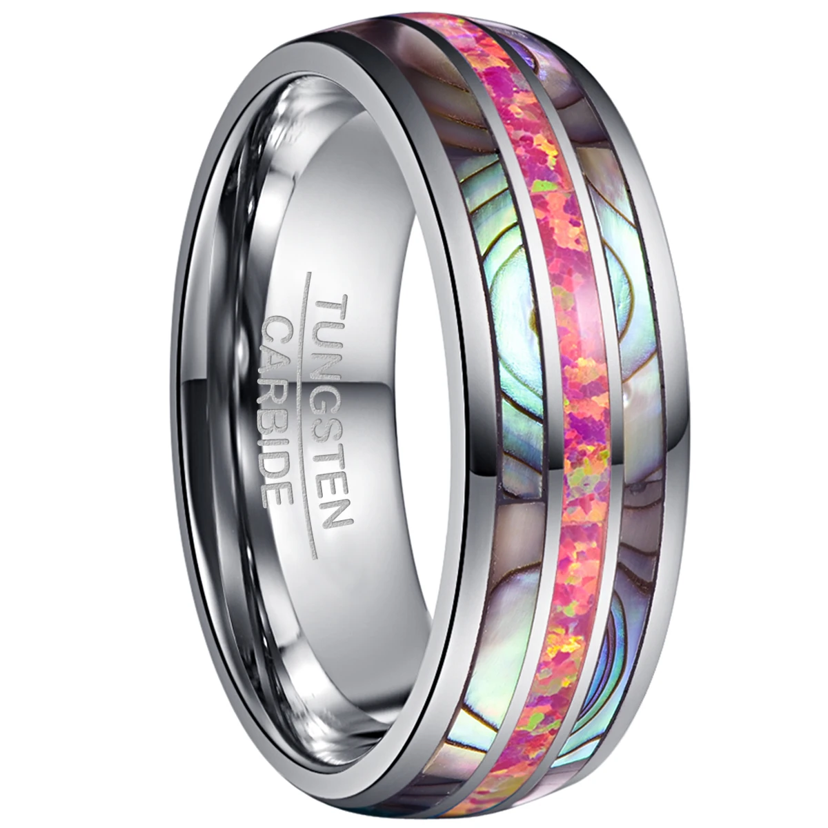 

BONLAVIE Tungsten Carbide Ring 8mm Dome Steel Inlaid with Two Abalone Shells + Deep Magenta Opal Tungsten Steel Ring Comfort Fit
