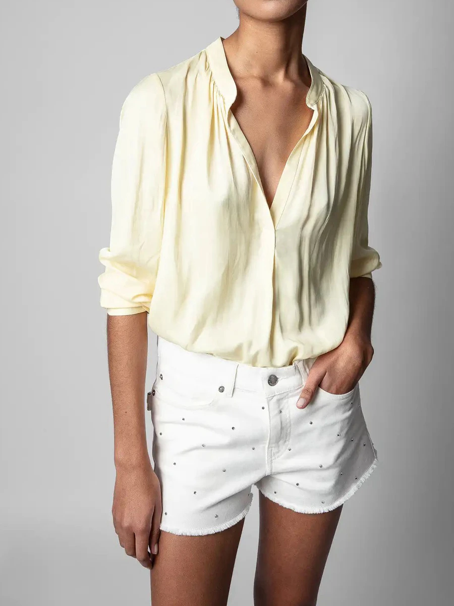 

2022 Spring New V-neck Shirt Light Yellow Long Sleeve Women Shirt