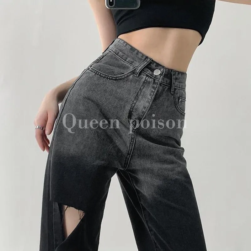 Straight High Waist Gradient Broken Jeans 2023 Spring New Loose Versatile Wide Leg Pants Vintage Fashion Women Clothing