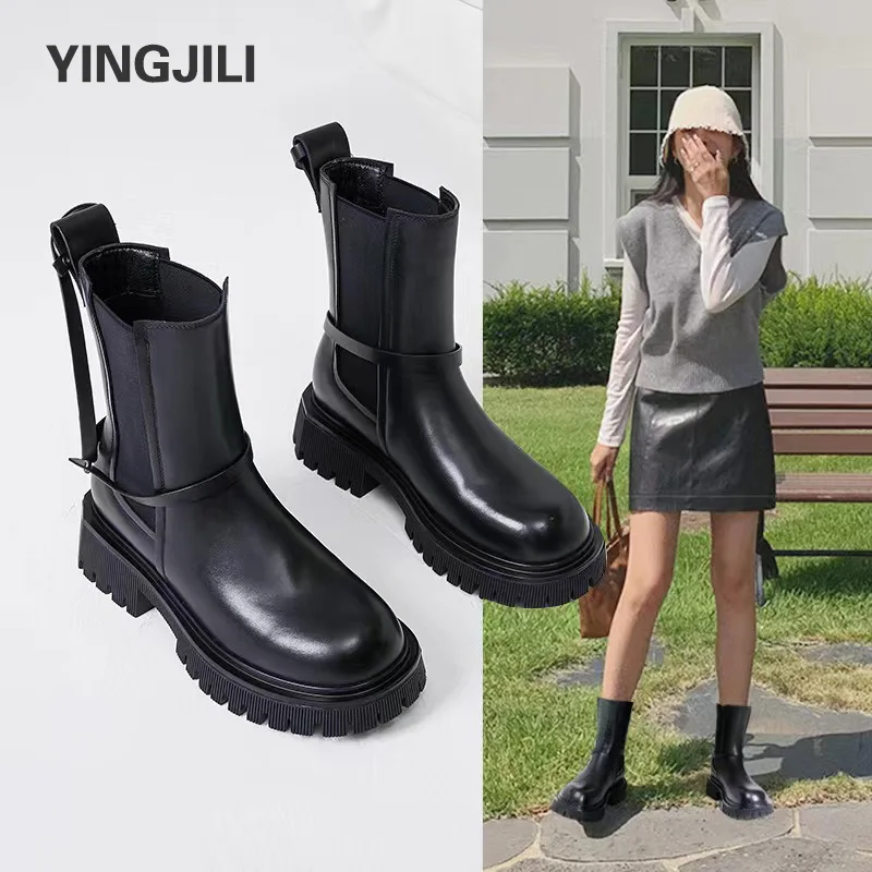 

Chelsea Boots Women Cowhide Chunky Platform Shoes Winter Women Boots Plush Ankle Boots Female Botas Mujer Fashion Black Booties