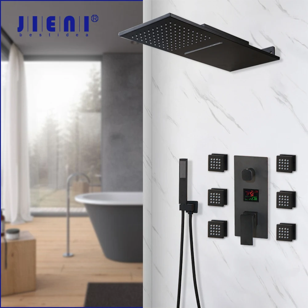 

JIENI Matte Black Shower Faucet Set Head 4-ways Digital Display Mixer Tap Bathroom Rain Shower 4-Functions Digital Shower Faucet