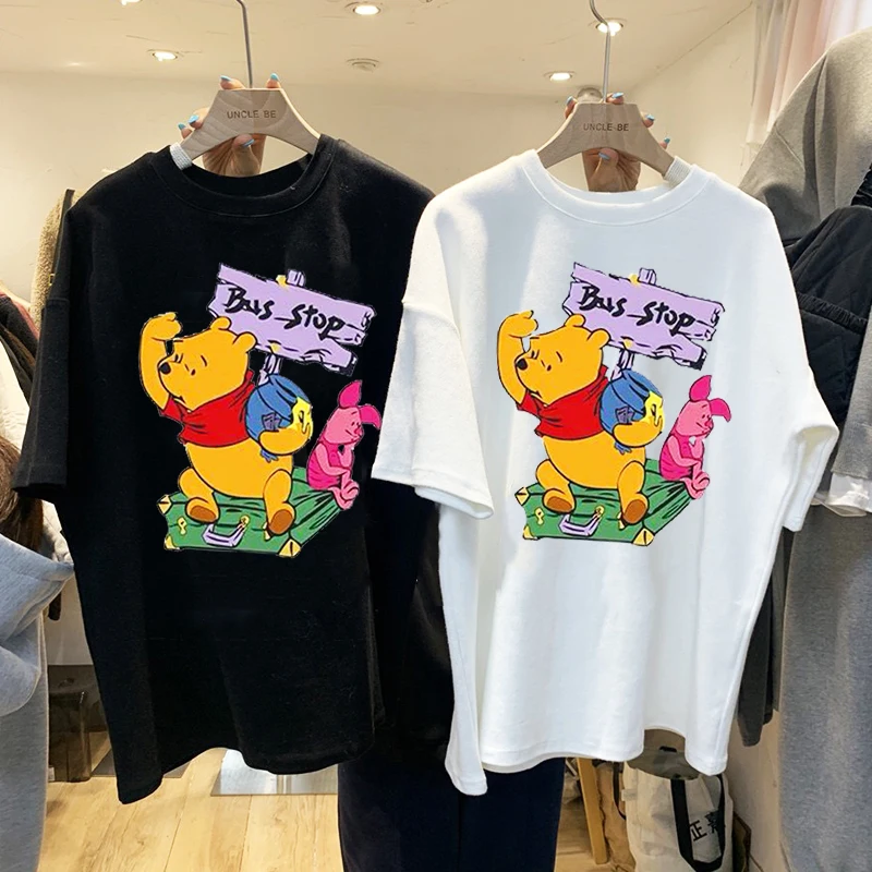 

Kawaii Fashion Summer Disney Women's T-shirts Pooh Bear Ulzzang Winnie Oversized Cartoon White Tops Crop Goth Women Clothing
