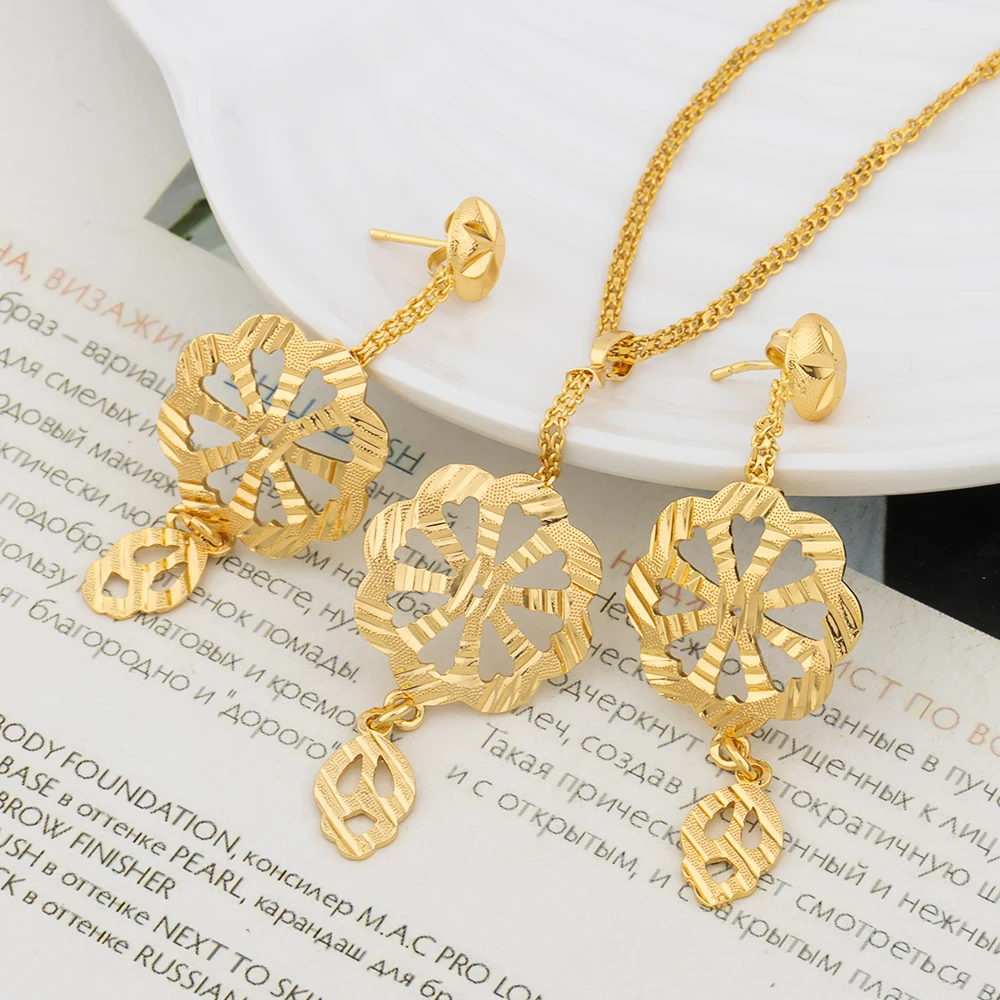 

Ethiopian Earrings Fashion Gold Plated Necklace Pendant Set Dubai Women's Jewelry Set African Nigeria Wedding Gift Party Jewelry