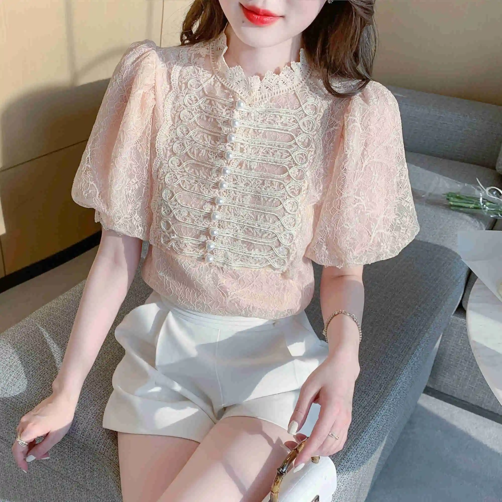 

ropa mujer primavera verano 2022 New Palace Style Temperament Lace Shirt Lantern Sleeve Short-Sleeved Foreign Style Tops Fairy