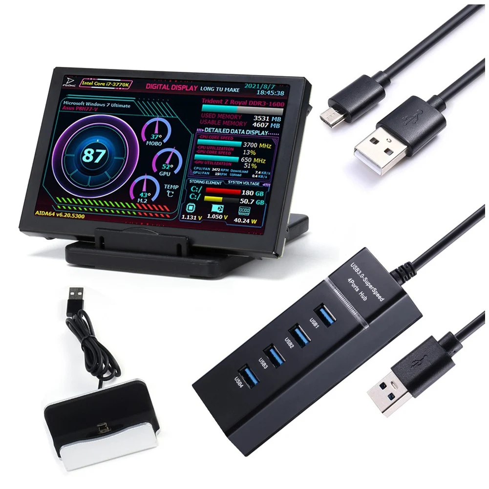

5-дюймовый IPS-экран монитора из алюминиевого сплава, USB-компьютер, дополнительный экран HDD для AIDA64, базовый USB-кабель, USB-разветвитель