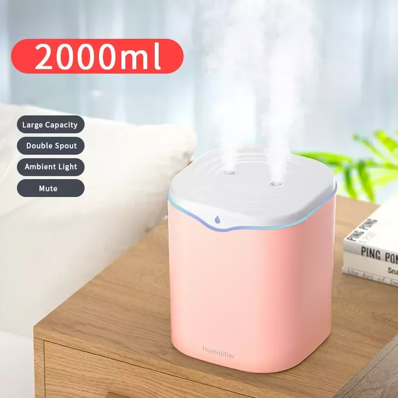 Air Humidifier 2000ML Double Spray Port Essential Oil Aromatherapy Diffuser LED Lamp Cool Mist Maker Fogger for Home Office
