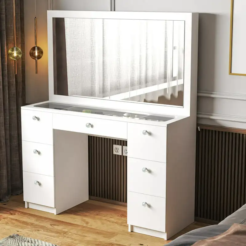 

White Painted Makeup Vanity Table with Crystal Knobs, for Bedroom