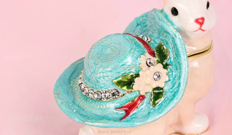 Rabbit with Floral Hat Trinket Boxes Hinged Enamel Hand-Painted Animals Ornaments Unique Gift