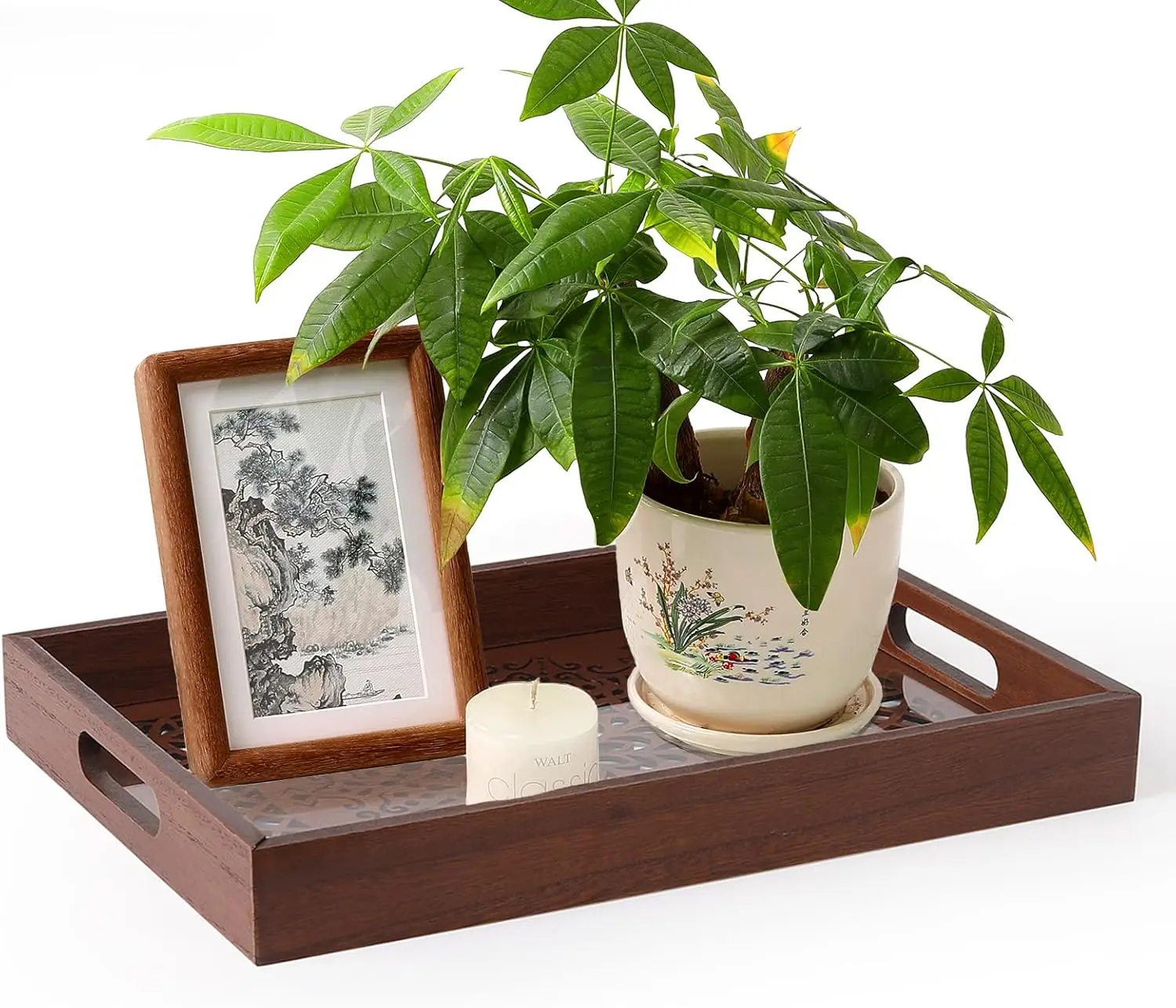 Коричневый деревянный прямоугольный поднос с ручками декоративный