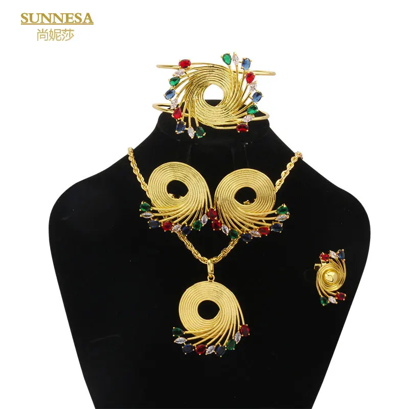 

Classic Dubai 18k Plated Necklace Sets Colored Zircon Clip Earrings Gold Color Bracelet Ring Jewelry Sets For Women