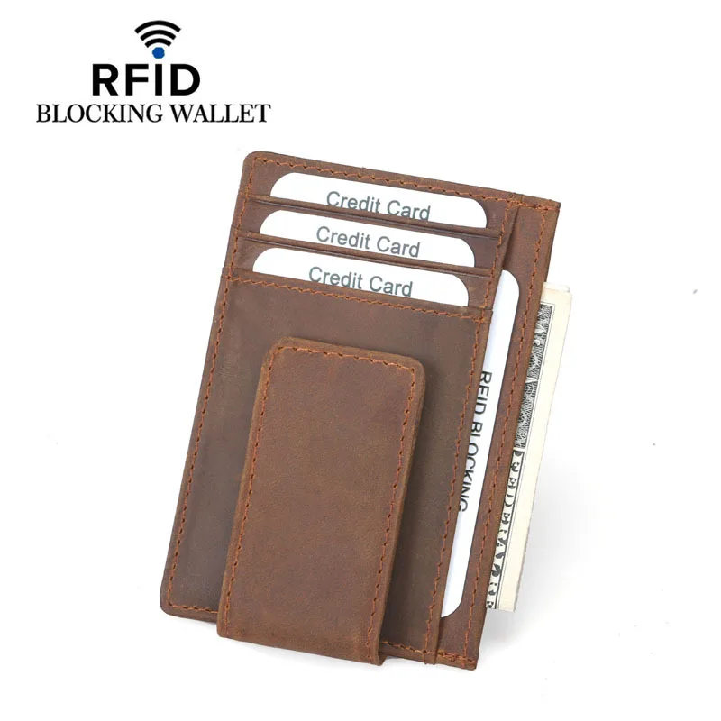 Mens RFID Safe Money Clip Front Pocket Wallet Minimalist Leather ID Card Holder with Super Strong Magnetic Clip Slim Card Wallet
