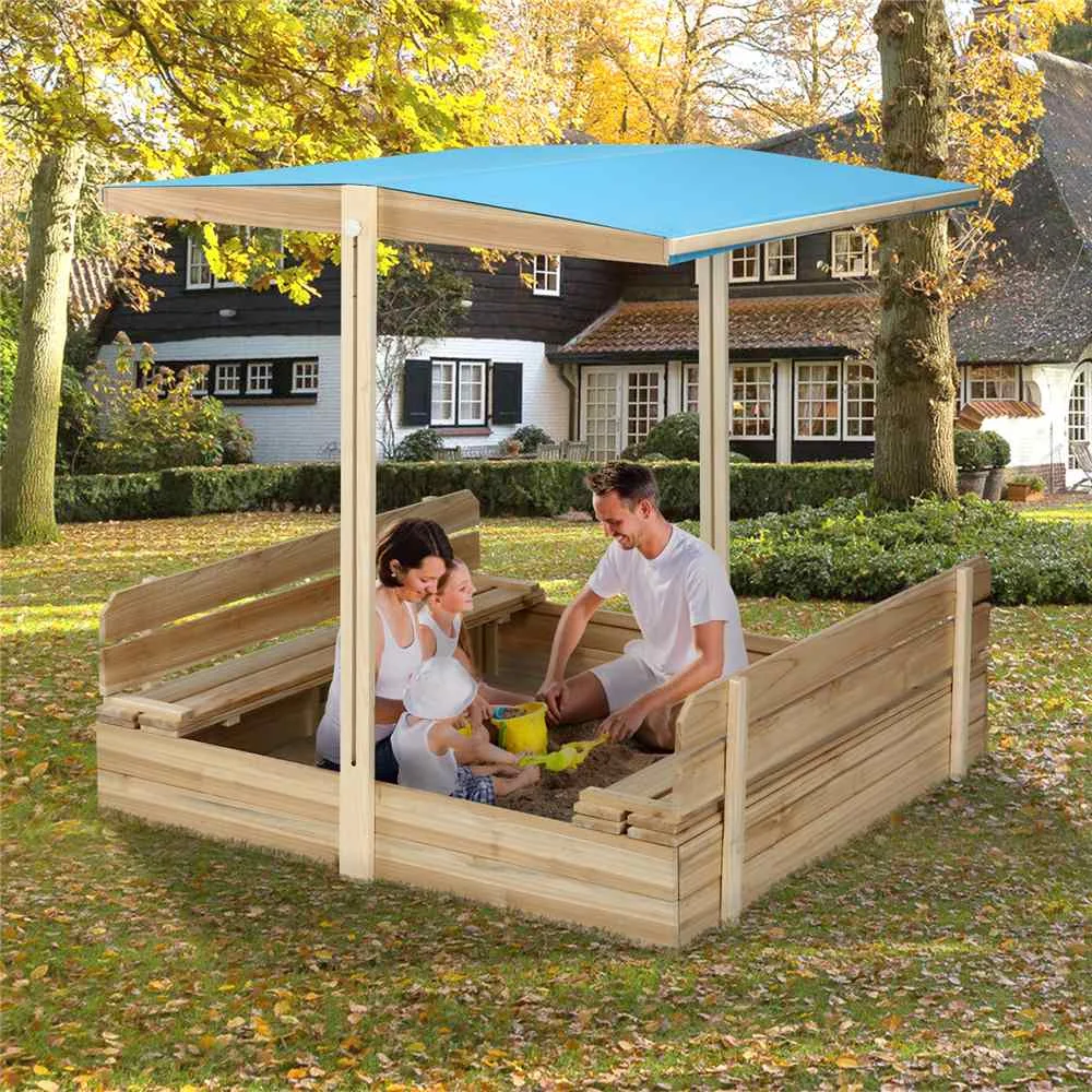 

Kids Outdoor Wooden Sandbox with Lid and 2 Benches UV Protection Canopy Retractable for Backyard Home Garden Beach