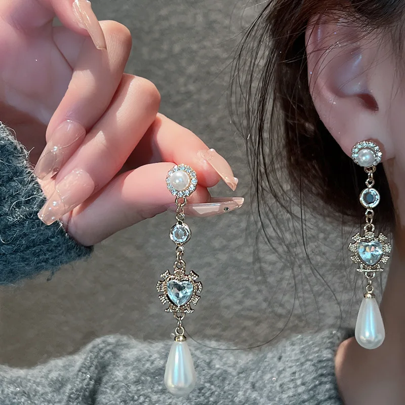 Baroque Korean Version of The Silver Needle Love Long Tassel Sweet Temperament Pearl Zirconia Fashion Ladies Earrings Jewelry