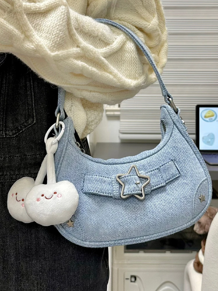 Vintage Denim INS Bag Women's Handbag Cute Star Purses Cool Hot Girls Fashion Shoulder Bag Casual Armpit Bag Female Tote Bags