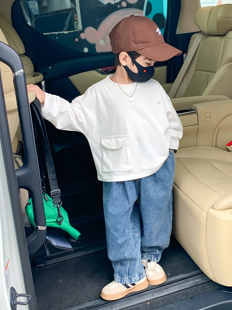 

Boys' Unisex T-shirt Long Sleeve Spring and Autumn New Children's White Pocket Sweatshirt Handsome Fashion Bottom Shirt Top Girl