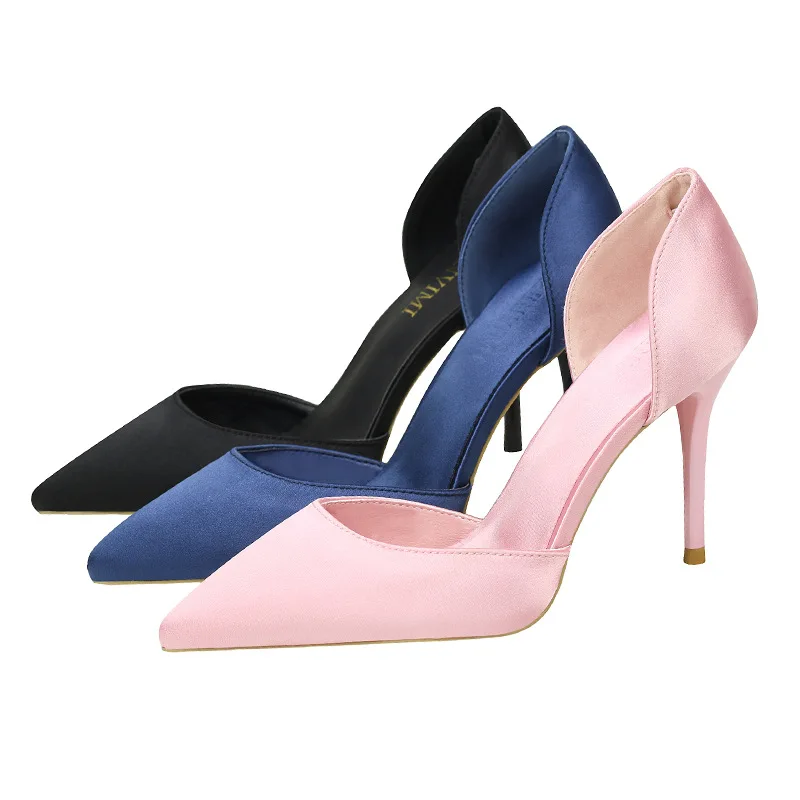 2022 Korean Elegant Solid Silk Shallow Women Sandals Black Pink High Heels Summer Pumps Pointed Sexy Hollow Office Ladies Shoes