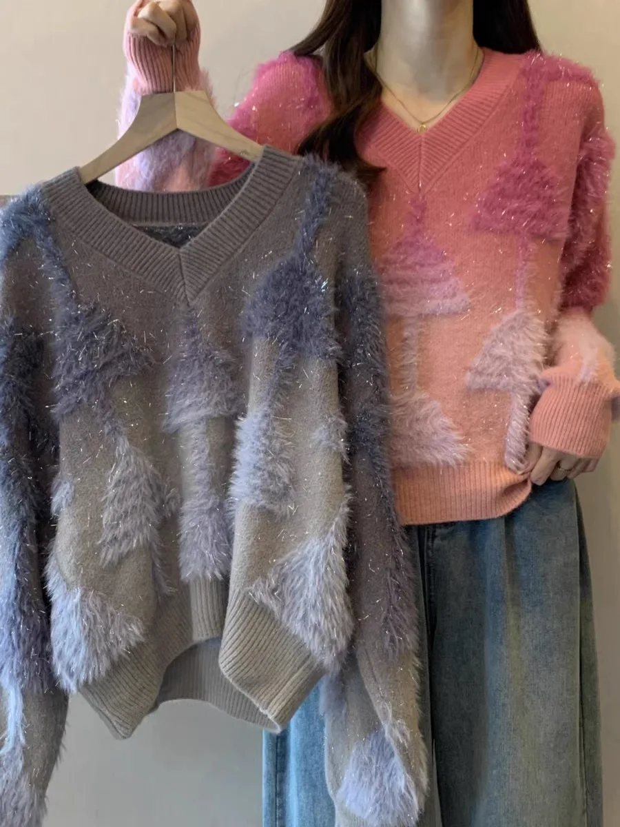 Блестящий свитер с v-образным вырезом и градиентными цветами женский