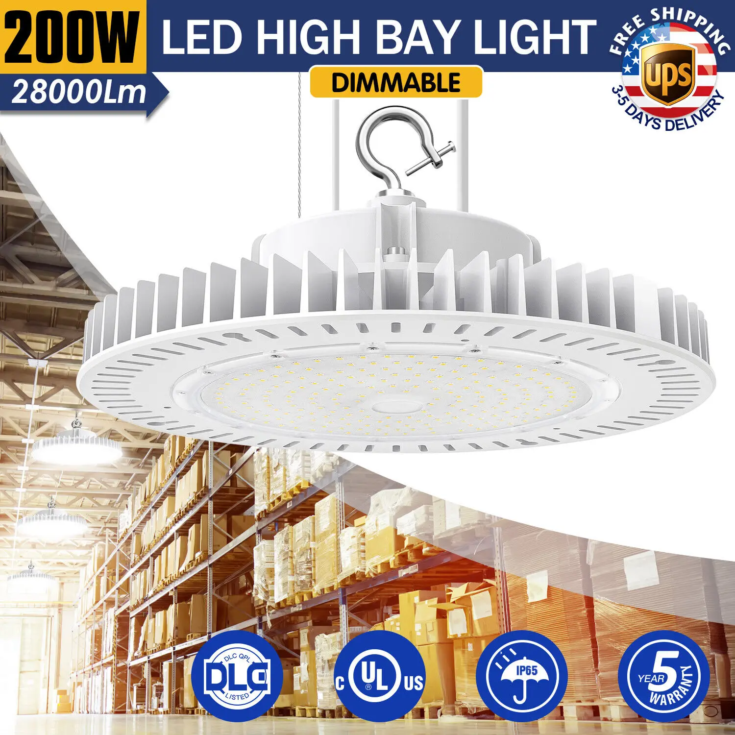 200W High Bay LED Light AC100-277V 28,000LM(150Lm/w) UFO Lighting Fixture 0-10V Dimmable 5000K Daylight IP65 UL Listed 6ft Cable
