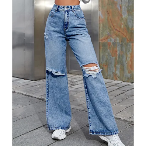 2023 Womens Fashion Jeans High Waist Women's Hole Wide Leg Jeans Baggy Woman Denim Pants Jean Y2k Streetwear Mom Jeans Trousers