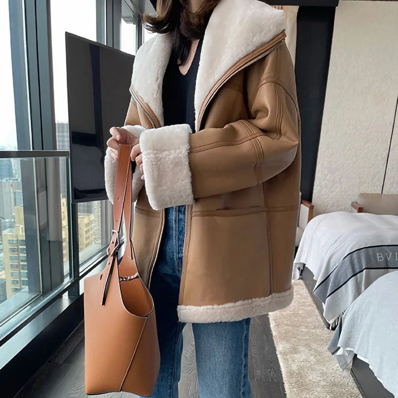 Women Leather Jackets 2022 New Shearing Genuine Sheepskin Leather Coats Solid Simple Fur Lining Winter Warm Overcoat MH5046LB