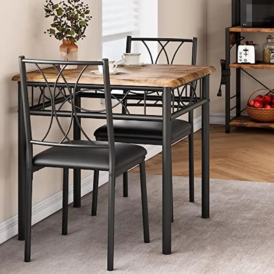 3 Piece Metal and Wood Square Table Set with 2 Upholstered C