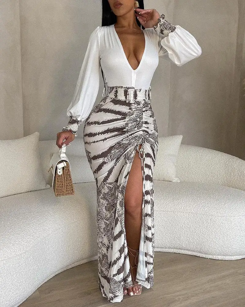 

Tie Dye Print Plunge High Slit Drawstring Maxi Dress Chic Fashion Summer Daily Long Sleeve V-neck High Style Form-fitting