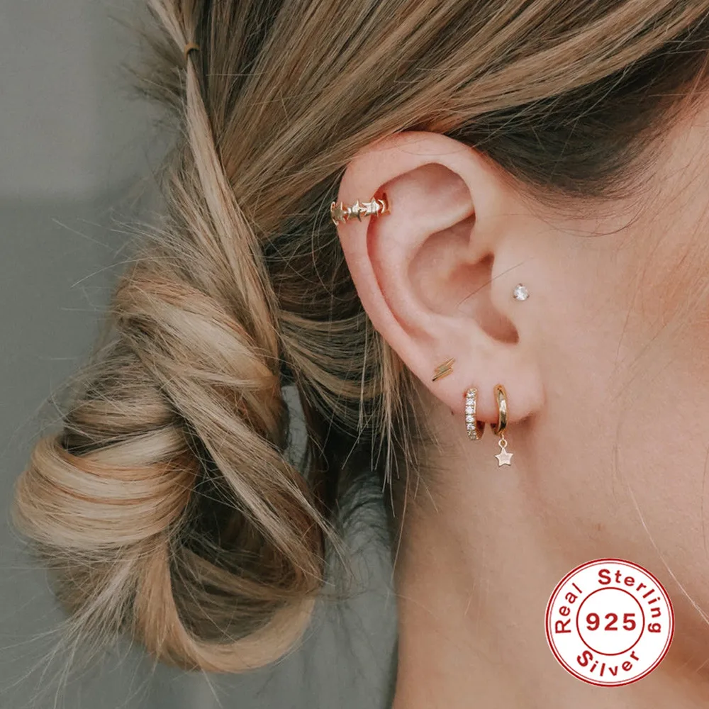 

CANNER 3pcs/set Real 925 Sterling Silver Rainestone Star Lightning Pendant Hoop Earrings Set For Women Fine Jewelry Set aretes