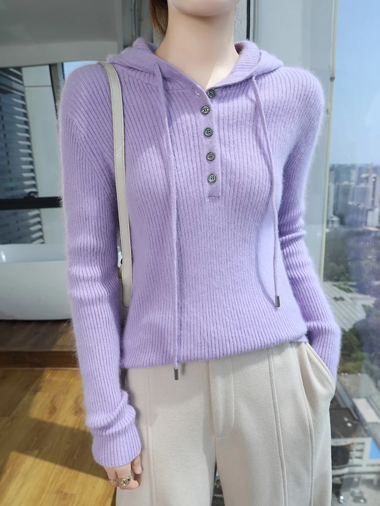 100% чистый норковый кашемировый свитер с капюшоном женский вязаный пуловер