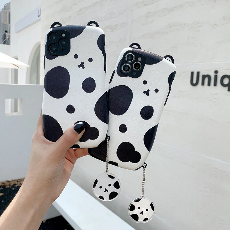

Cow pattern Black and white style Pendant Phone Case For iPhone 13 12 11 Pro Max X XR XS Max 7 8 Plus SE Shockproof Soft Leather