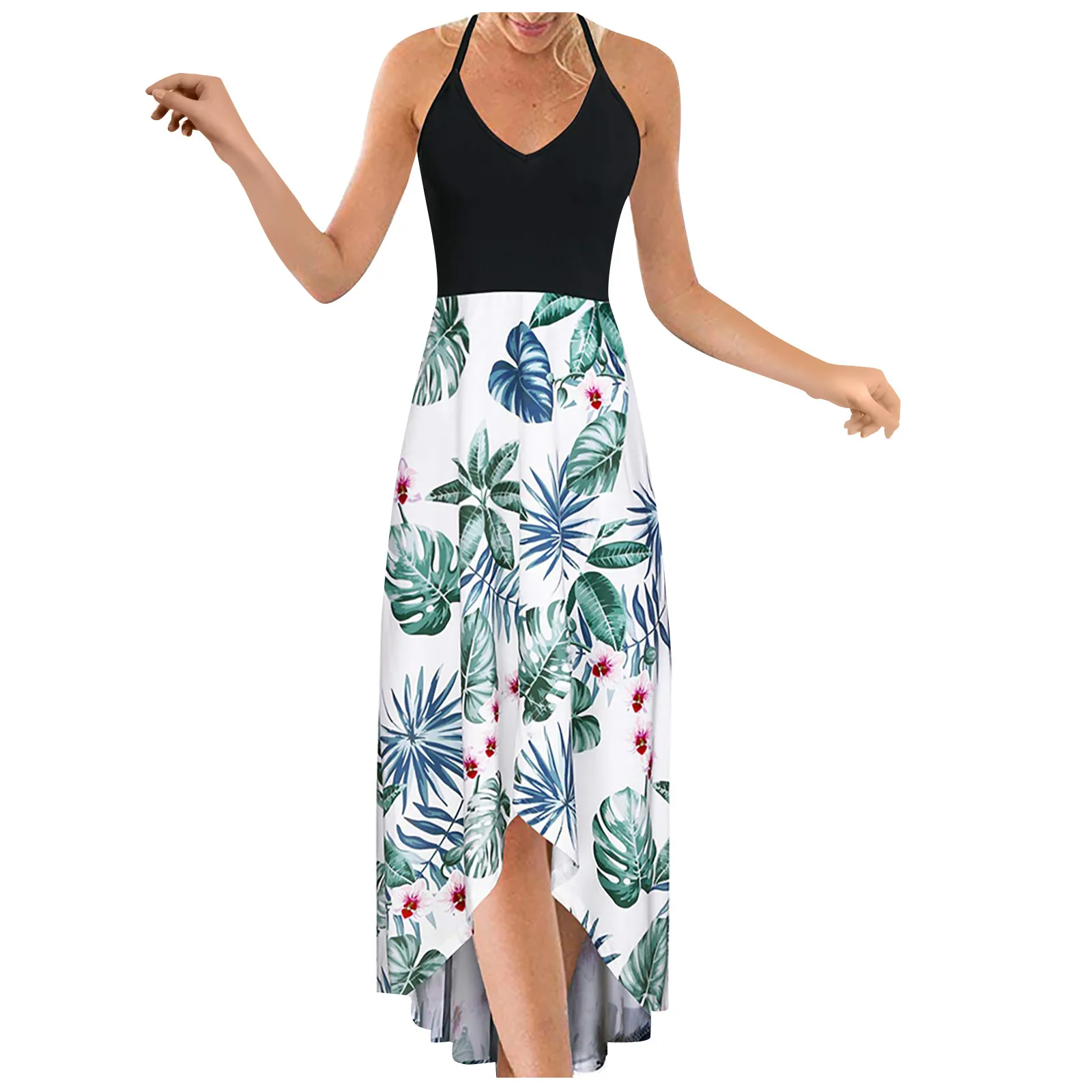 Женское летнее платье без рукавов с V-образным вырезом и цветочным принтом -
