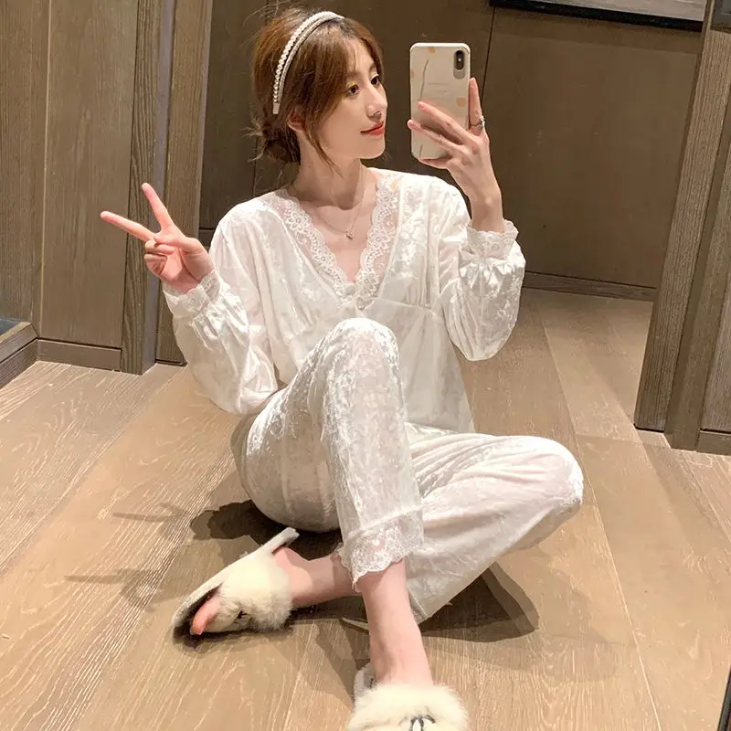 Women's Pijama 2023 Spring Autumn New Fashion Thin Gold Velvet Sexy Sleepwear Two-piece Korean Elegant Loungewear Pajama Set