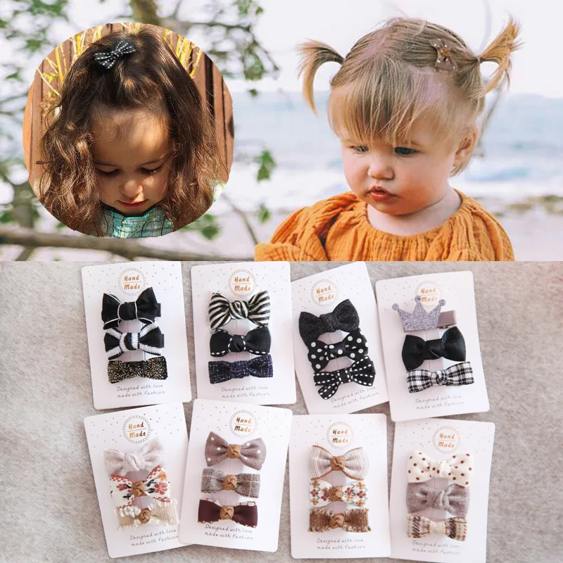 

3Pcs/set Cute Bow Fabric Hair Pin Bang Side Clip Mother Kids Vintage Princess Crown Hairpin for Children Baby Girls Accessories
