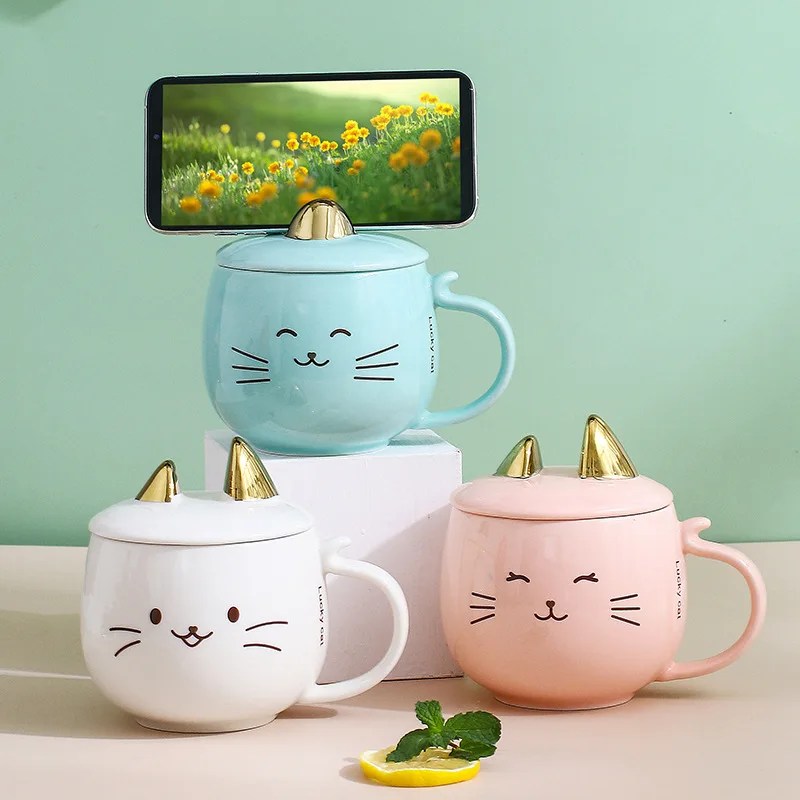 

1Pcs New 480mL Cute Cat Ceramic Coffee Mug with Spoon and Lid White/blue/Pink Creative Hand Painted Milk Tea Cup Gift ForFriend