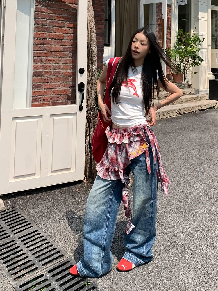 Фото ReddaChic в стиле панк, клетчатая звезда, женские накидки для джинсов, многоуровневая мини-юбка с рюшами, летняя фестивальная концертная одежда в стиле ретро Y2k №4