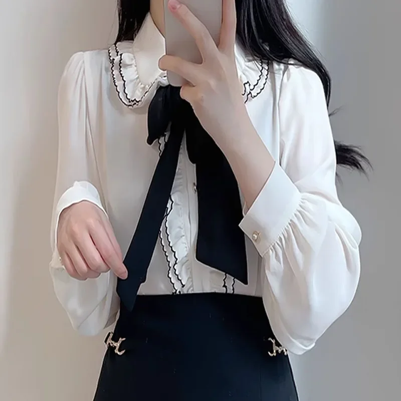 Модная женская рубашка с кукольным воротником блузка бантом женские топы