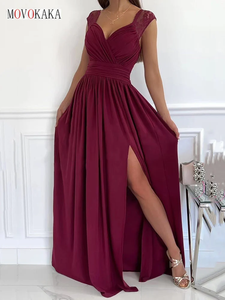 

MOVOKAKA Elegant Lace Long Dress Women Sexy Backless Sleeveless V-neck Aesthetic Dresses Party Waist Tie Women's Dress With Slit