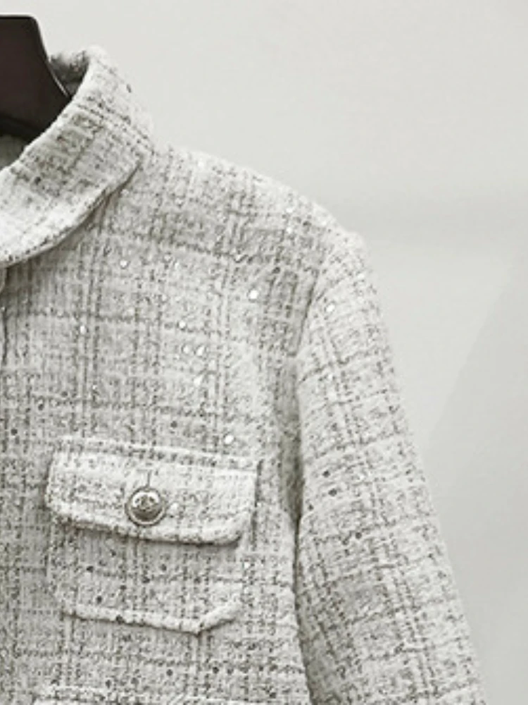 

Spring Autumn Sequins Decoration Two-piece Suit French Brand Vintage Button Pockets Coat with Fashion Shorts for Women Sets