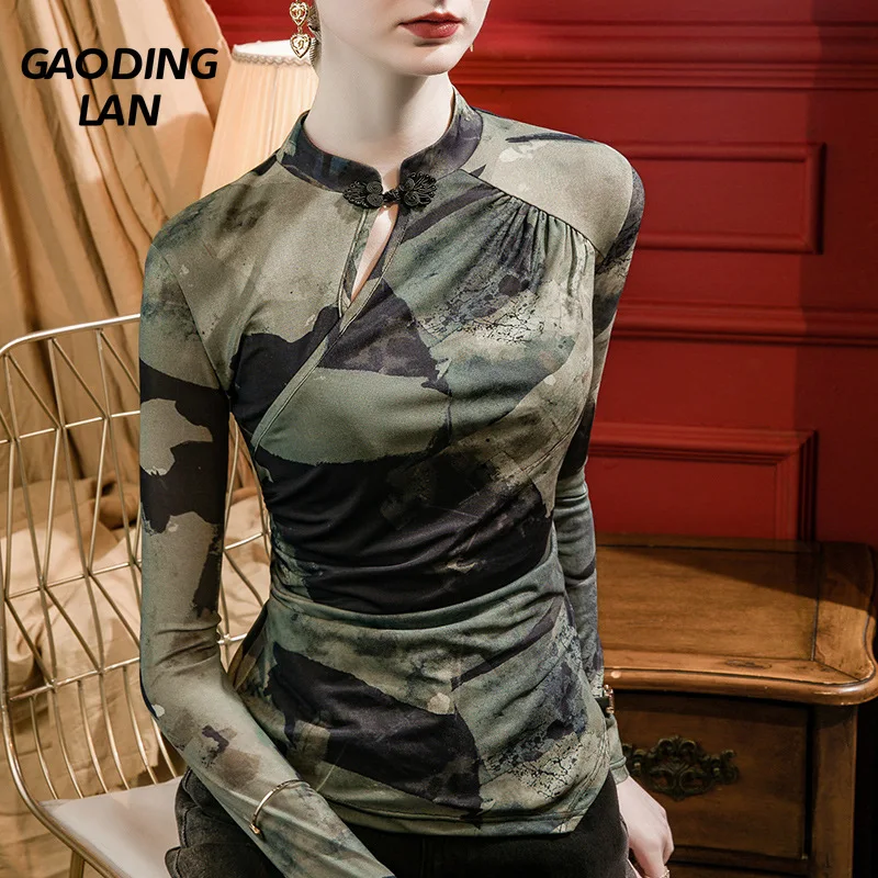 

Осенне-зимнее платье-Ципао с воротником, женские топы из сетчатой ткани с принтом, винтажные облегающие футболки с вырезами, сексуальные женские футболки