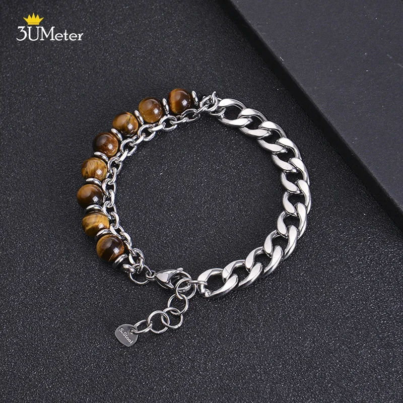 

3UMeter Tiger Eye Stone Beaded Bracelet Double Layer Stainless Steel Chain Braceleta European and American Men's Fashion Jewelry