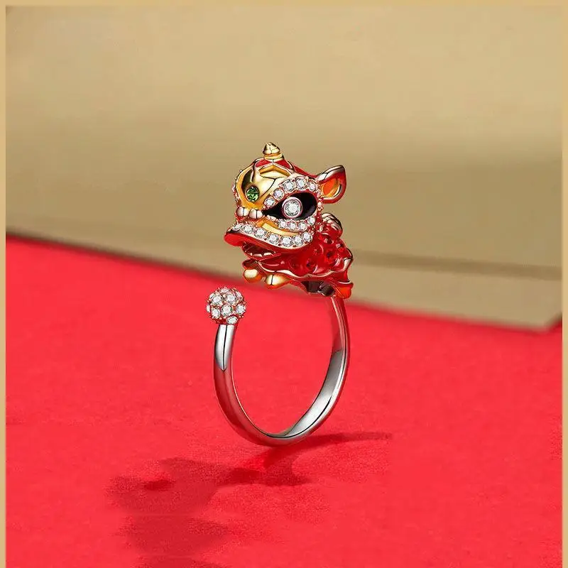 Мужское и женское кольцо Guochao Открытое с изображением национального льва