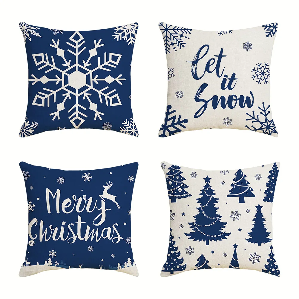 

Рождественский синий Олень Снежинка льняной 18x18 дюймов синий Олень Снежинка льняной Рождественский домашний декор Олень Снежинка с принтом