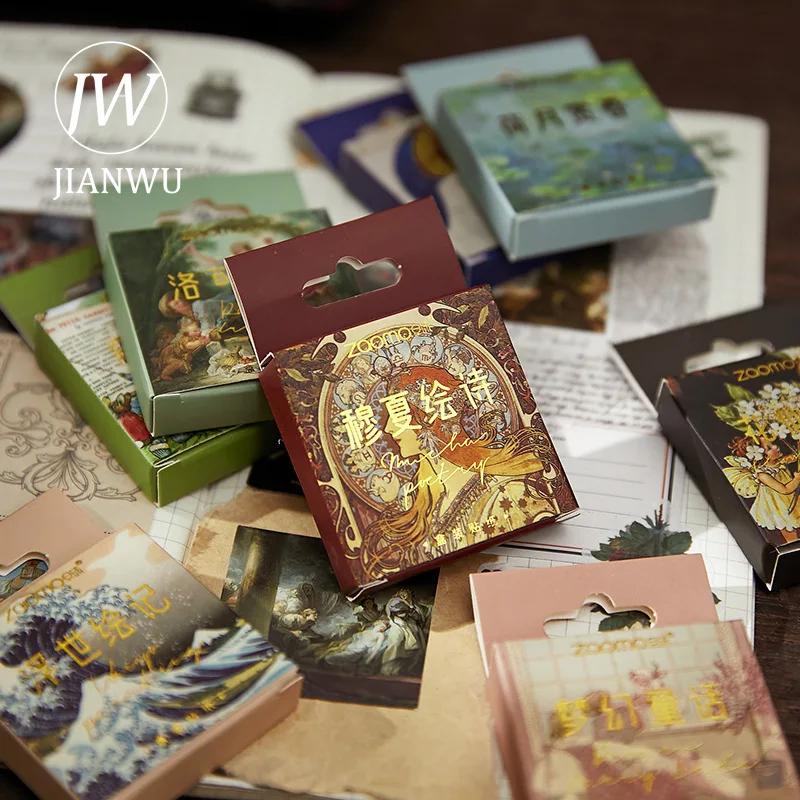 

JIANWU 45 Pcs Retro Oil Painting Boxed Stickers Literature Art Decoration Scrapbooking Collage Diary Sticker Stationery Supplies
